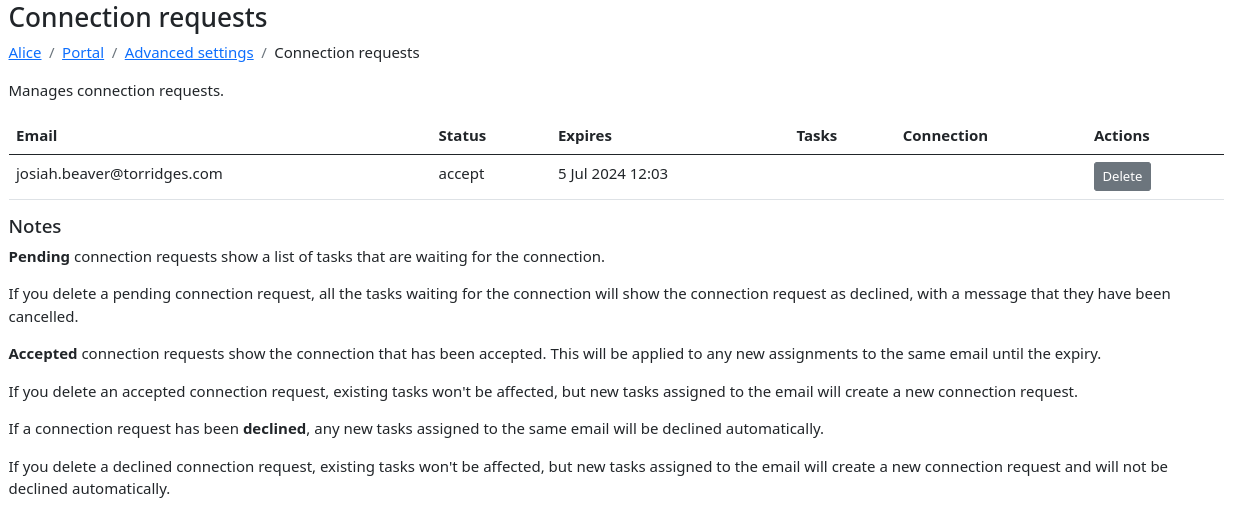 List of connection requests in advanced settings